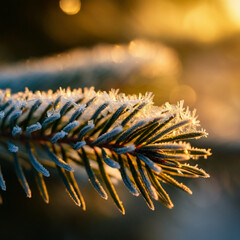 close up of pine brancehs in snowy weather winter golden hour macro evergreen