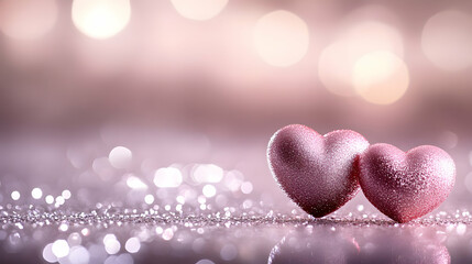 Obraz premium Two Sparkling Pink Hearts Resting on a Glittering Surface with a Blurred Background of Bokeh Lights