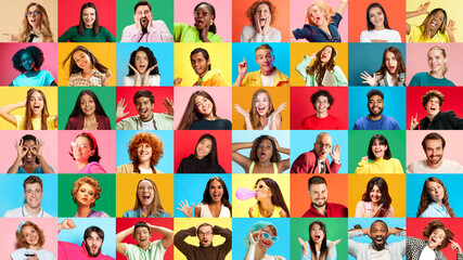 Fototapeta premium Vibrant grid of diverse people expressing range of emotions, from joy to surprise and playfulness against colorful backgrounds. Concept of human emotions, diversity, age, positive. ad