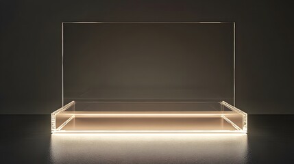 89. A clear acrylic podium with subtle ambient lighting from the sides, offering space to display a product.