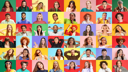 Collage of portraits showcasing young woman expressing emotions such as joy, confusion, and excitement. Individuality. Concept of human emotions, diversity, age, positive. ad