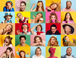 Colorful collage of people of all ages showing playful, silly, and cheerful expressions. Each individual placed against vibrant backgrounds. Concept of human emotions, diversity, age, positive. ad