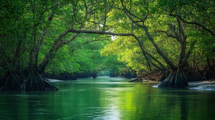 Obraz premium Flowing river through lush forest, natural beauty, green trees and water, calm and peaceful, bright daylight, outdoor tranquility