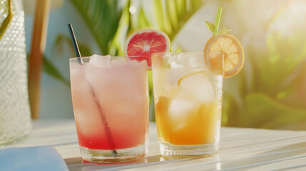 Fototapeta premium Refreshing summer cocktails on table with greens and fruits, tropical vacations vibes background, copy space