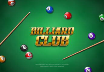 Billiard club banner with cue and colorful balls. Poster for sports championship. Vector illustration.