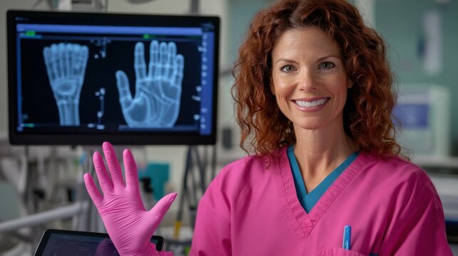 middle-aged woman with curly auburn hair in her 40s, dressed in pink scrubs and latex gloves, beams at the camera beside a tablet showcasing a digital scan of a hand. She has green eyes and a warm