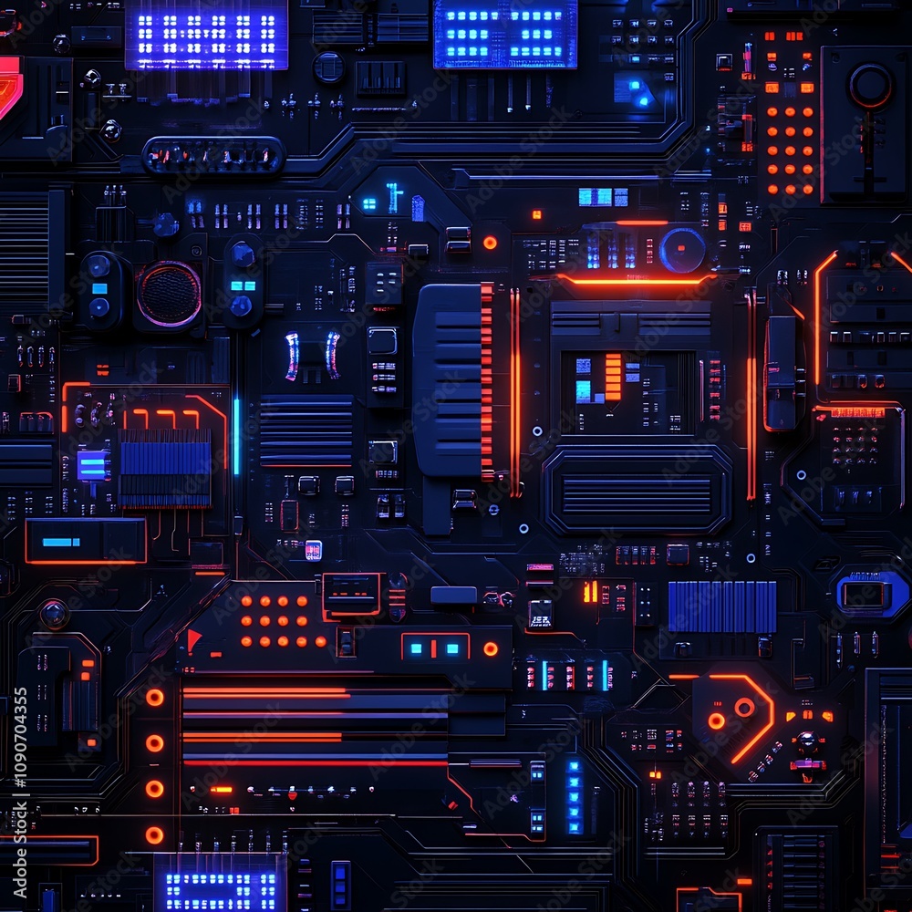 Poster abstract digital circuit board design with glowing lights and intricate patterns, representing techn