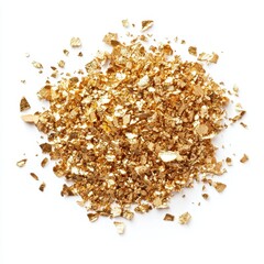 A pile of shimmering gold flakes on a white background, often used for decoration or art.