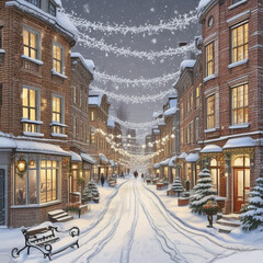 New Year illustrations of brick houses in the snow, created by artificial intelligence. The perfect combination of winter and coziness.