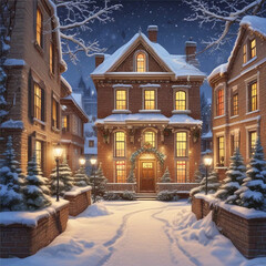 New Year illustrations of brick houses in the snow, created by artificial intelligence. The perfect combination of winter and coziness.