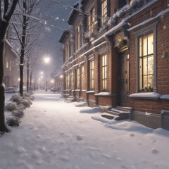 New Year illustrations of brick houses in the snow, created by artificial intelligence. The perfect combination of winter and coziness.