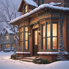 New Year illustrations of brick houses in the snow, created by artificial intelligence. The perfect combination of winter and coziness.