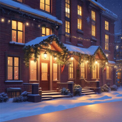 New Year illustrations of brick houses in the snow, created by artificial intelligence. The perfect combination of winter and coziness.