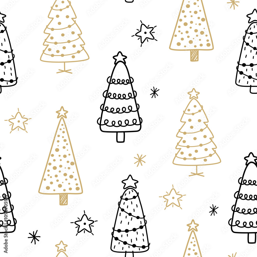 Wall mural christmas tree line art pattern. abstract linear new year seamless pattern. abstract doodle drawing 