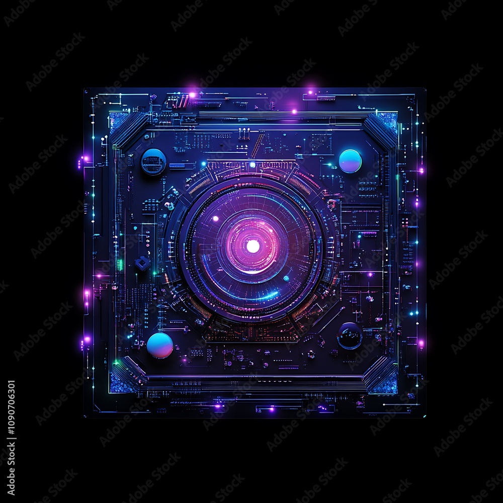 Poster abstract futuristic design featuring intricate circuit patterns and glowing elements on a dark backg