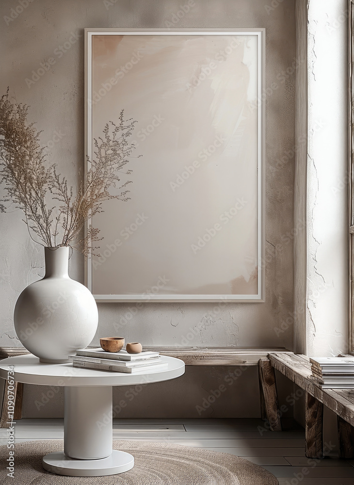 Aufkleber A large white picture frame hanging on an empty wall. In front is a round table with books and a vase on it, in a minimalistic interior design style.
