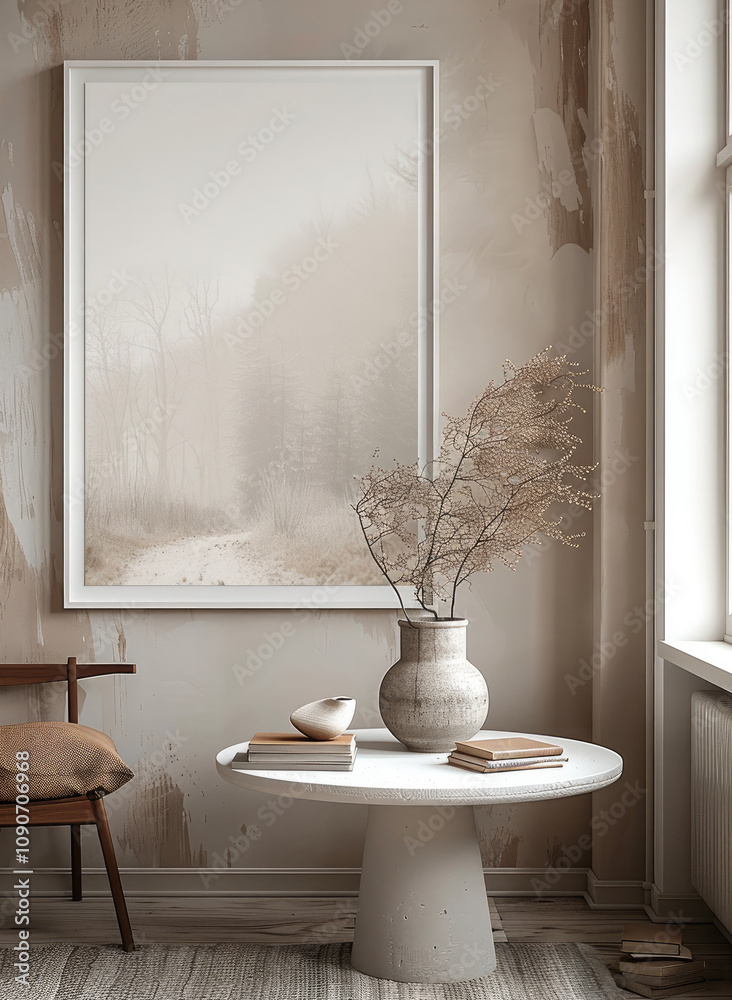 Aufkleber A large white picture frame hanging on an empty wall. In front is a round table with books and a vase on it, in a minimalistic interior design style.