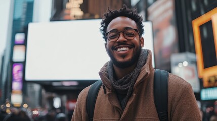 Naklejka premium Smiling Man in Times Square, Cityscape Background, Urban Portrait