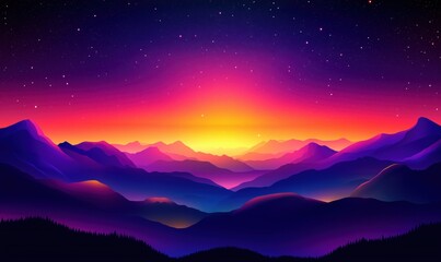 Fototapeta premium Vibrant sunset over mountains, colorful gradient sky, silhouettes of peaks, starry night, serene landscape, digital art