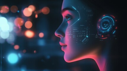 Futuristic Woman Cyberpunk Neon Lights Digital Interface Overlay