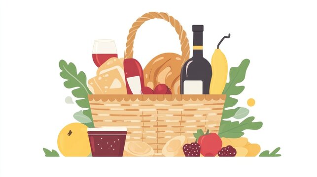 Picnic basket with summer food items wine bread jam fruit and blanket A minimalist 2D cartoon illustration depicting a straw hamper for a relaxed outdoor lunch