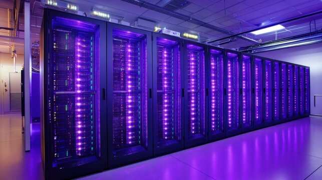 Illuminated Server Room Data Center Technology, Network Infrastructure, Purple Lights