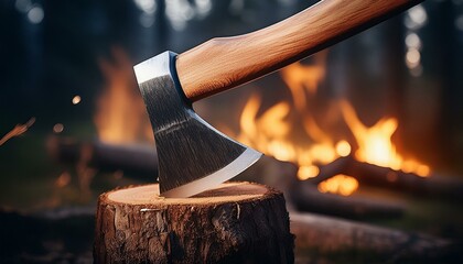 Cutting wood with an axe in the nature, forest