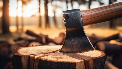 Cutting wood with an axe in the nature, forest