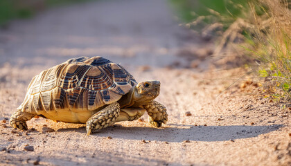 Obraz premium Leopard Tortoise Walking on a Sandy Path in the Afternoon Sun and Copy Space