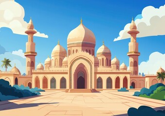 Naklejka premium Islamic themed 2D cartoon illustration showcasing beautiful Arabian culture featuring a mosque