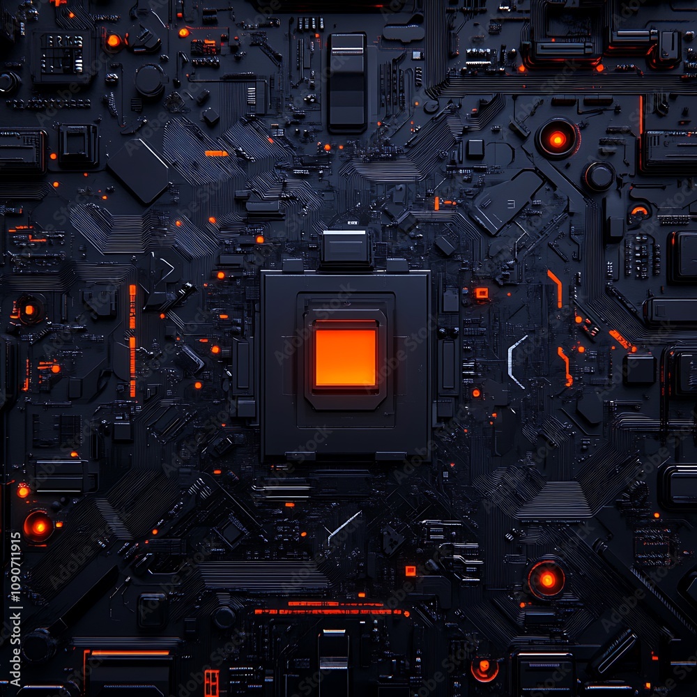 Poster abstract representation of a futuristic circuit board with a central processor, illuminated in orang