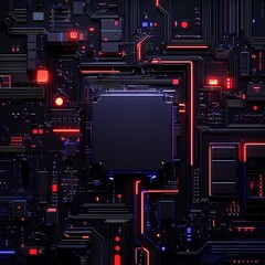 Fototapeta premium Abstract Technology Background Featuring Dark Circuit Board Design with Red and Blue Lighting Elements for Futuristic Digital Concepts and Graphic Design Projects