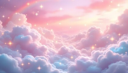 A whimsica pastel rainbow unicorn background shines with sparkling stars against a soft, pink fantasy sky. Fairy iridescent gradient backdrop. unicorn resting on a fluffy cloud with a vibrant rainbow.