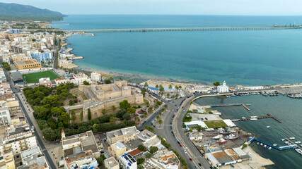 Aerial view of the castle and the stadium of Manfredonia, in Puglia, Italy. It is a town on the...