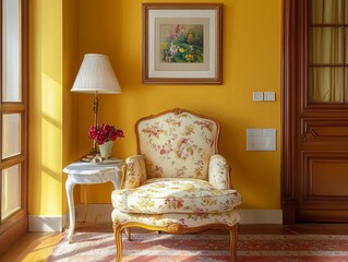 Elegant Floral Chair In Sunlit Yellow Room