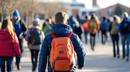 Young Boy Walking in Busy School Pathway
