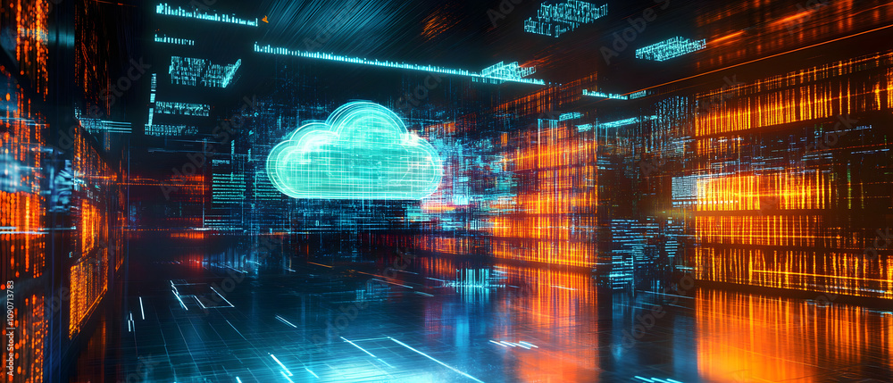 Poster a digital interface displaying multiple layers of cloud security measures, with holographic data str