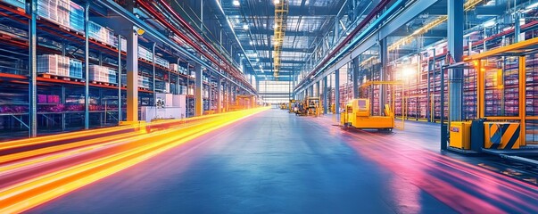 Warehouse with automated storage and retrieval system, hightech atmosphere, vibrant lighting