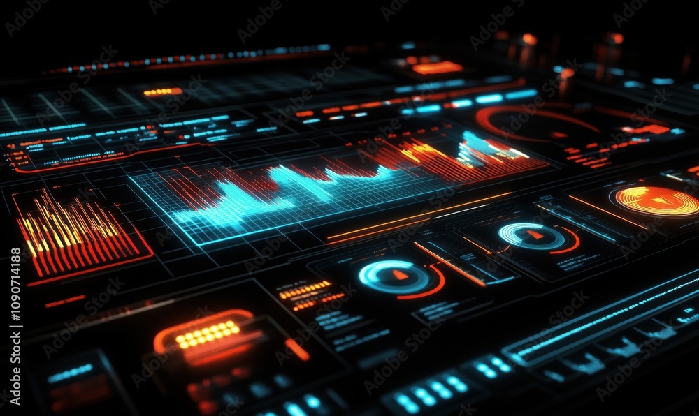 Poster futuristic data visualization interface with glowing elements, graphs, and controls. high-tech desig