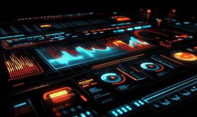 Obraz premium Futuristic data visualization interface with glowing elements, graphs, and controls. High-tech design showcasing analytics and metrics.