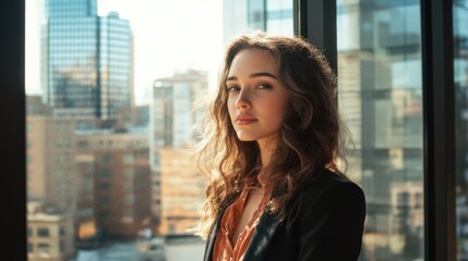 Fototapeta premium Young Woman, Cityscape View, Window, Sunlight, Portrait, Brown Hair, Modern, Stylish, Blazer, Outdoo