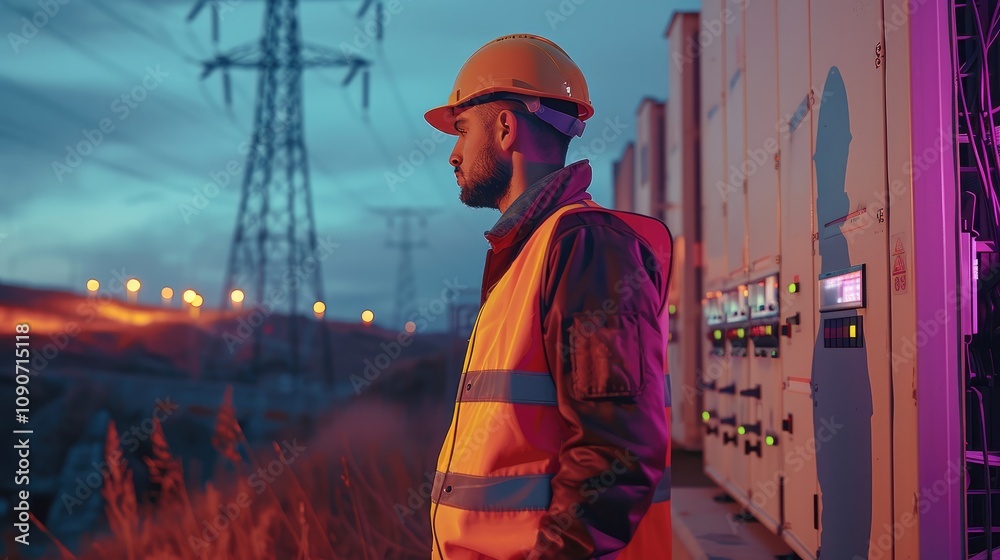 Poster a worker in a reflective vest and hard hat, standing in front of a large electrical transformer, sym