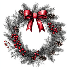 Christmas wreath with red ribbon, pines and red berries