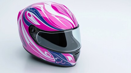 Fototapeta premium Pink and blue racing helmet with abstract design isolated on white background. Generative ai