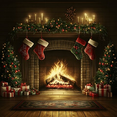 Traditional Christmas fireplace illustration