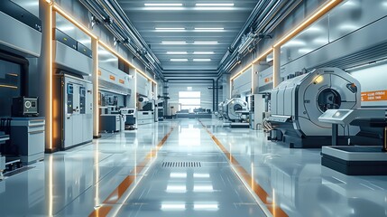 Obraz premium A modern and clean production surrounding, machines and technical devices, High-Tech Work Environments and Advanced Assembly Techniques.
