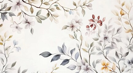 Fototapeta premium Watercolor vintage wildflowers, cottagecore-style wallpaper with branches and leaves on a white background.