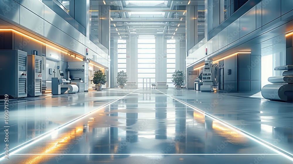 Poster a modern and clean production surrounding, machines and technical devices, high-tech work environmen