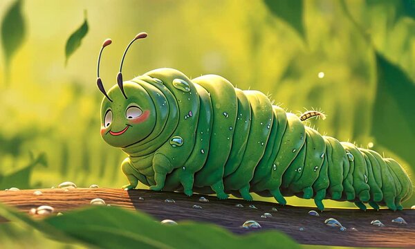 A cheerful green caterpillar with a smiling face, surrounded by droplets on a leaf.