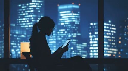 Fototapeta premium Businesswoman use smartphone at night in the office and city view,Facing new day,working on cell phone sitting at office,busy working day in midnight,copy space.